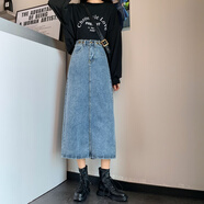 浪莎高腰c(diǎn)hic牛仔半身裙女秋冬2025韓版寬松顯瘦百搭包臀A字長(cháng)裙 淺藍色 M 【100-110斤】