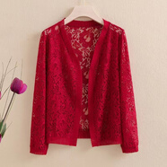 晉影2025夏新款歐若智性風(fēng)蕾絲開(kāi)衫女中長(cháng)款搭裙披肩薄外套空調衫LSN 099短 紅色 6XL 建議145-160斤