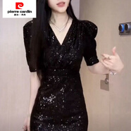 皮爾卡丹（pierre cardin）輕奢感亮片短袖連衣裙女2025夏季新款V領(lǐng)收腰顯瘦黑色包臀裙 黑色 2XL 【建議130-145斤】