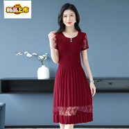 初徑時(shí)尚媽媽夏季短袖雪紡連衣裙中年女裝修身顯瘦長(cháng)款圓領(lǐng)蕾絲百褶裙 酒紅色 XL 85-103斤