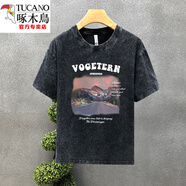 啄木鳥（TUCANO）美式水洗做舊短袖t恤男士2025夏季新款寬松潮流時(shí)尚ins潮流上衣服 水洗黑T11-紅霞山頂 M 90-110斤
