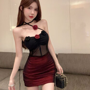 希諾佰迪（xinuobaidi）性感辣妹顯瘦雙層網(wǎng)紗拼接抹胸裙女氣質(zhì)立體花朵鏤空褶皺包臀裙潮 酒紅色 S  80-100斤