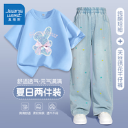 真維斯女童套裝2025春秋新款女孩洋氣時髦休閑衛(wèi)衣女大童時尚繡花牛仔褲 【短袖+冰絲牛仔褲】藍淺藍/小兔 110