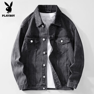 花花公子（PLAYBOY）春秋款男孩高中初學(xué)生13歲帥氣夾克大童男裝時(shí)尚百搭牛仔外套潮男 1128黑灰色 M