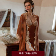 FHHUABD法式蕾絲金絲絨睡裙女 秋冬純欲性感吊帶短裙睡衣居家睡袍套裝潮 橙色(外袍+腰帶) XL (建議121-140斤)