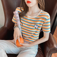 以純 YISHION時尚刺繡條紋短袖t恤女純棉女裝夏裝2025年新款韓版潮ins圓領(lǐng)上衣 2024#橘色條 L 適合110-119斤