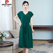 皮爾卡丹（pierre cardin）氣質(zhì)OL風收腰連衣裙中長款2021夏新款色媽媽裝系腰帶大擺A字裙 綠色 2XL 建議135-150斤