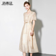 海青藍高端女裝連衣裙女2025新款v領(lǐng)法式氣質(zhì)時尚洋氣短袖連衣裙 杏色 S