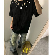 蘇愚100%純棉小眾設計潮流美式領口哥特國潮男女夏季新款寬松短袖半袖 290克-黑 L 建議110-125斤