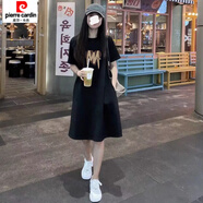 皮爾卡丹（pierre cardin）中長(cháng)款A字裙短袖2025春夏季顯瘦長(cháng)裙女休閑寬松百搭T恤連衣裙女 黑色(鞋帶愛(ài)心) M 80-100斤