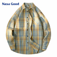 NASA GOOD長(cháng)袖襯衫男春夏季韓版潮流格子襯衣青年休閑寬松外套 藍XL