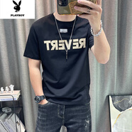 花花公子男士短袖t恤2023夏季新款字母印花半袖體恤衫男 黑色 XL [125-140斤]
