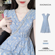 樂(lè)芬蘭（LeFenLan）法式溫柔風(fēng)連衣裙2025夏季氣質(zhì)藍(lán)色桔梗v領(lǐng)小飛袖收腰顯瘦長(zhǎng)裙子 藍(lán)色 M
