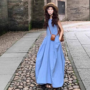 凰巣藍色無(wú)袖連衣裙女2025法式度假風(fēng)氣質(zhì)夏季收腰顯瘦a字長(cháng)裙 藍色M（優(yōu)質(zhì)版）