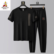 稻草人（MEXICAN）冰絲短袖T體恤套裝男裝大碼休閑九分褲2025夏季薄款t恤兩件運動(dòng)裝 A07黑色長(cháng)褲套裝 M