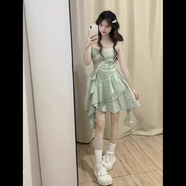 鏡莎新品連衣裙女2025夏季法式花邊小個(gè)子學(xué)生顯瘦甜辣妹吊帶短裙子女 淺綠色 均碼 可備注碼數(shù)