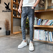 花花公子（PLAYBOY）2025夏季新款牛仔褲男士痞帥修身牛仔長(cháng)褲小腳鉛筆緊身長(cháng)褲男裝 黑色 28
