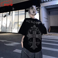 克羅心官方艦旗夏季新款美式潮牌燙鉆重工克羅心十字架梵文短袖男女T店 黑色黑色黑色黑色 黑色黑色黑色 S 建議95斤以下