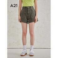 A21女裝高腰直筒牛仔短褲夏季純色設(shè)計(jì)感休閑褲子 綠色 25