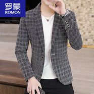 羅蒙（ROMON）男士韓版潮流修身西服帥氣格子春秋青年休閑小西裝外套男 5802黑色+搭配T恤 L