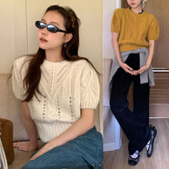 榮西圖（RONGXITU）風(fēng)復(fù)古少女鏤空泡泡袖針織毛衣顯瘦 白色 均碼