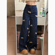KAHTOP2025春秋新款韓版復古做舊牛仔褲女高腰寬松闊腿拖地褲長(cháng)褲潮YLM 小狗貼布刺繡深藍色 S
