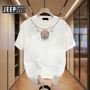 JEEP SPIRIT吉普美式痞帥重磅純棉印花短袖恤青年男女款夏季潮牌寬松圓領(lǐng)上衣 白色【領(lǐng)口中圓盤羽毛項(xiàng)鏈】【AT S 建議90-100斤