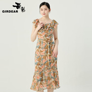哥弟（GIRDEAR）女裝2025夏裝新款荷葉邊領(lǐng)口開叉造型連衣裙（附腰帶）150025 夏日花園 M (3碼)