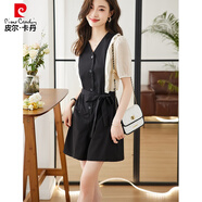 皮爾卡丹（pierre cardin）小香風(fēng)休閑小個(gè)子連體褲套裝女夏季氣質(zhì)雪紡拼接輕薄闊腿連衣短褲 黑色 S
