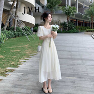 JVH香港潮牌休閑泡泡袖連衣裙女 2025夏季新款收腰顯瘦修身度假長(cháng)裙 米白色. M