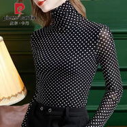 皮爾卡丹（pierre cardin）歐洲站高領蕾絲打底衫女春裝內搭洋氣雪紡衫性感網(wǎng)紗長袖t恤小衫 小波點 M 建議90-100斤