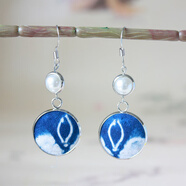 振千云南大理扎染藍染布藝耳環(huán)復古民族風(fēng)簡(jiǎn)約耳釘輕奢S925銀耳飾 款5銀邊細節顏色隨機