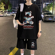 花花公子（PLAYBOY）青少年短袖t恤12-15歲男孩套裝13初中高中學(xué)生帥氣夏裝14大童衣服 NZHM-HTZ21黑色 S 70至90斤