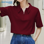 真維斯（Jeanswest）純棉T恤女2025春季新款復古風(fēng)休閑寬松半拉鏈純棉短袖女