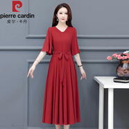 皮爾卡丹（pierre cardin）新品夏季連衣裙短袖V領(lǐng)雪紡大擺裙優(yōu)雅修身腰帶裙子廣場(chǎng)舞過(guò)膝裙 紅色 L 100-115斤