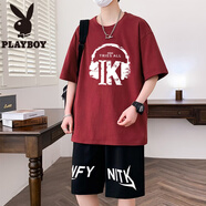 花花公子（PLAYBOY）純棉短袖t恤男孩初高中學(xué)生2025新款帥氣夏裝青少年大童運動套裝 5216紅色(短袖+短褲) 品質(zhì)保證 M 70-90斤左右