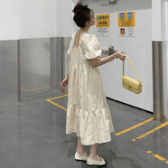 慧奴比小清新甜美愛(ài)心刺繡連衣裙女夏2025新款少女生寬松泡泡袖點(diǎn)點(diǎn)長(cháng)裙 奶白色 XS