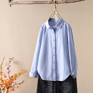 暖喬全棉長袖襯衣女春秋新款糖果色寬松文藝復(fù)古休閑純棉襯衣開衫外套 藍(lán)色 M （100-115斤）