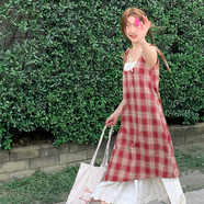 小野七天度假風(fēng)新品假兩件連衣裙女2025春夏季氣質(zhì)法式純欲吊帶背心裙 紅格紋 L 建議111-120斤
