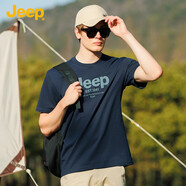 JEEP SPIRIT吉普美式高端25年新款夏季純棉短袖t恤男士圓領(lǐng)大碼半袖體恤打底 深藍(lán) M 尺碼偏大建議拍小一號(hào)