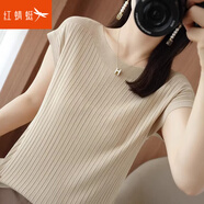 紅蜻蜓冰絲針織衫女寬松2026年夏季新款女士上衣小衫篇幅短袖t恤女 卡其色 均碼 【建議80-130斤】