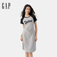 GAP女裝2025夏季新款印花logo腰部抽褶撞色插肩短袖連衣裙765944 淺灰 M (165/84A) 亞洲尺碼