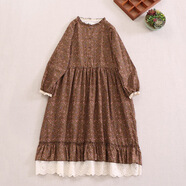 XCFREHT日系森女文藝碎花長(cháng)袖連衣裙女寬松百搭花邊下擺顯瘦長(cháng)裙夏季新款 咖色 均碼