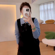 姿偉祺法式娃娃領撞色針織衫大碼春裝新款 黑拼藍 L