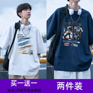 WEIJUE【買一送一 包郵】短袖t恤男生百搭寬松夏季體恤衫印花上衣服半袖 T193藏青色+T191白色 XL