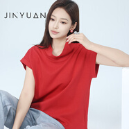 金苑夏季半高領短袖t恤女2025新款時尚氣質韓版半袖上衣F252110 紅色 均碼