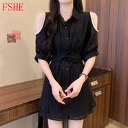 FSHE套裝女夏季2025年新款寬松顯瘦露肩收腰襯衫闊腿休閑短褲女兩件套 黑色套裝【港味復古chic裙子/小 M 【85-100斤】