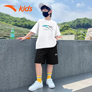 安踏男童運動(dòng)套裝夏裝冰絲速干短袖短褲兩件套T恤五分褲兒童衣服 白T黑褲7115 165