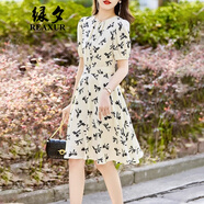 綠夕（REAXUR）小個子連衣裙碎花裙子夏天女裝2025夏季新款收腰顯瘦氣質(zhì)印花裙潮 米色 2XL （建議130-145斤）