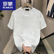 羅蒙（ROMON）重磅棉短袖T恤男女款潮牌街頭修身情侶上衣夏 白色純色 M 建議100-120斤